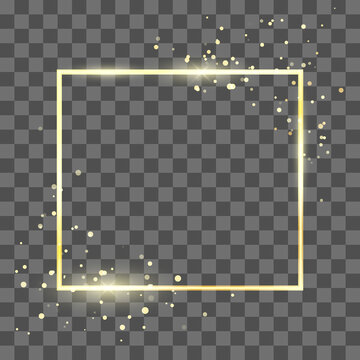 Golden Frame Template With Glitter Effect For Banner And Poster. Gold Square Shape Border.  Vector Illustration Isolated On Transparent Background