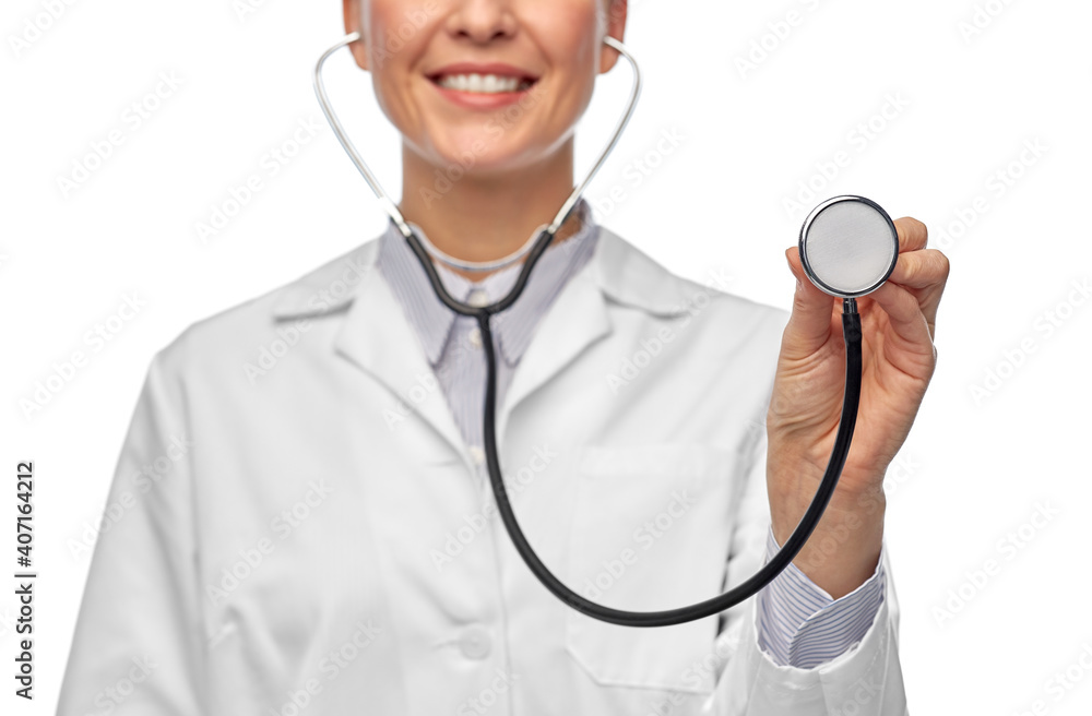 Sticker medicine, cardiology and healthcare concept - close up of happy smiling female doctor in white coat 