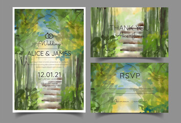 wedding invitation cards with pine forest landscape watercolor
