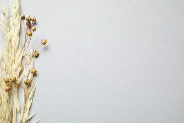 Bouquet of dried flowers on light grey background, flat lay. Space for text