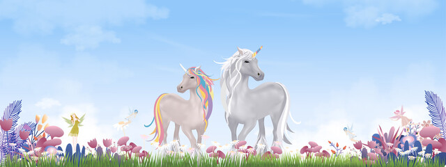 Cartoon landscape of spring with unicorn and cute little fairies flying on wild grass flower, Background Summer fields with family horse walking on green meadow on sunny day. © Anchalee