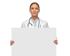 medicine, profession and healthcare concept - female doctor holding white board