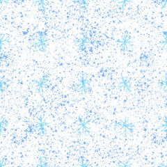 Hand Drawn blue Snowflakes Christmas Seamless Pattern. Subtle Flying Snow Flakes on white Background. Dazzling chalk handdrawn snow overlay. Admirable holiday season decoration.