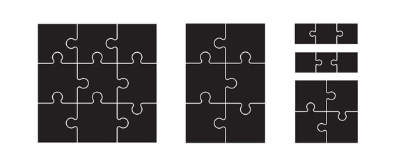 Black puzzles grid. Jigsaw puzzle 9, 6, 4 and 3 pieces - obrazy, fototapety, plakaty
