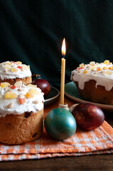 church candle, easter eggs and traditionsl bread, orthodox church. Christianity holiday.