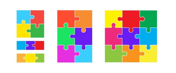 Colorful puzzles grid. Jigsaw puzzle 9, 6, 4 and 3 pieces - obrazy, fototapety, plakaty