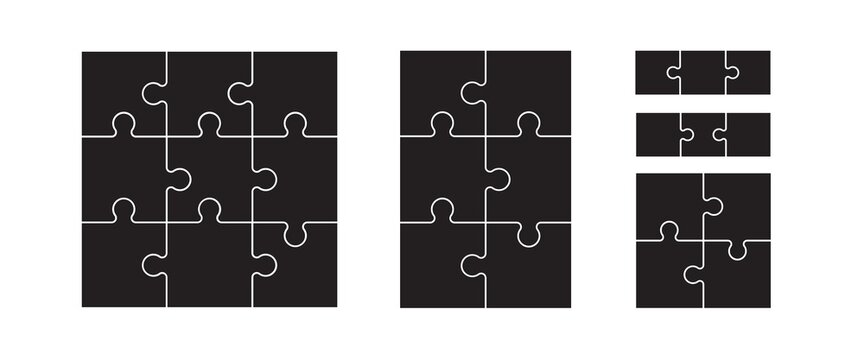 Black puzzles grid. Jigsaw puzzle 9, 6, 4 and 3 pieces