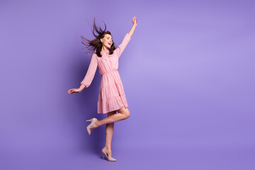 Full body profile portrait of pretty person closed eyes dance enjoy moment wear vintage isolated on...