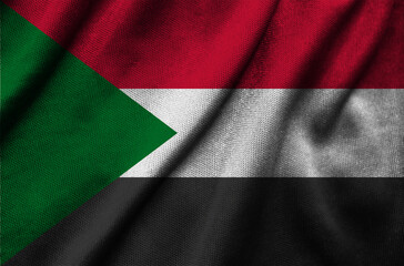 The national flag of Sudan on fabric texture background. Flag image for design on flyers, advertising. 3D-Illustration. 3D-rendering