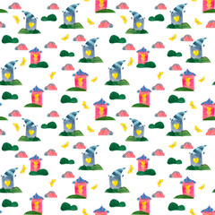 Seamless watercolor pattern with cute houses and trees. For the design of covers, postcards, invitations, fabric, clothing, digital paper, scrapbooking and more.