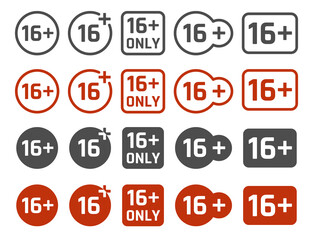 16 plus years old icon set, adults content signs