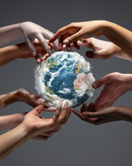 Hands holding, touching planet Earth, close up on grey background. Environment save, taking care of nature and ecology, supporting hands concept. Globe woldwide protection, traveling. Beauty. © master1305