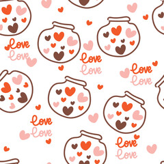 Seamless pattern with cute cartoon hearts and love,  valentine accessories for fabric print, textile, gift wrapping paper. colorful vector for kids, flat style