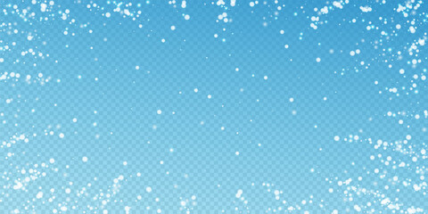 Beautiful falling snow Christmas background. Subtle flying snow flakes and stars on transparent blue background. Alive winter silver snowflake overlay template. Fair vector illustration.