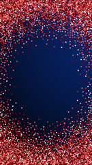 Red gold glitter luxury sparkling confetti. Scattered small gold particles on dark blue background. Ecstatic festive overlay template. Energetic vector background.