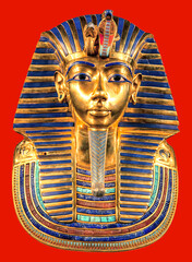 Egyptian pharaoh Tutankhamun's burial mask on red background.