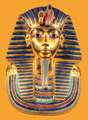 Egyptian pharaoh Tutankhamun's burial mask on yellow background