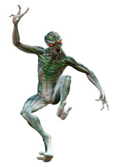 3D Rendering Green Alien on White