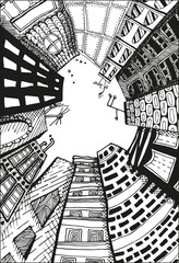 Unusual perspective of the city, drawn sketch,  illustration.
