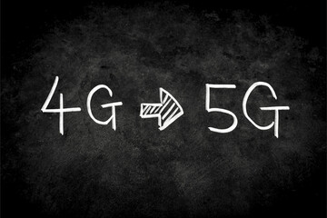 Obraz premium Close up phrase 4G to 5G by handwriting white coloured chalk on blackboard. The surface of blackboard is powdery and rough.