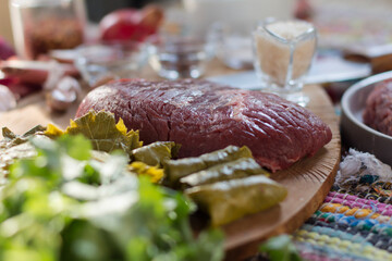 Piece of raw beef on the table