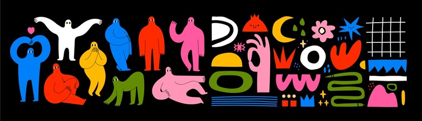 Set of Hand drawn various Shapes and Doodle objects and People silhouettes. Abstract contemporary modern trendy Vector illustrations. Colorful palette. All elements are isolated © Dariia