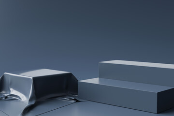 Navy blue product background stand or podium pedestal on advertising display with blank backdrops. 3D rendering.