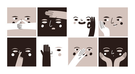 Square abstract comic Faces with various Emotions and hand gestures. Different dark characters. Cartoon style. Flat design. Hand drawn trendy Vector illustration. Every face is isolated