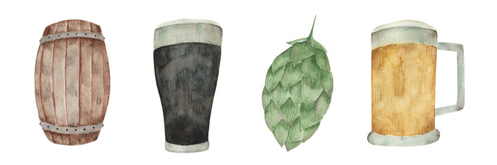 Naklejka premium Watercolor set for st patrick's day. Vintage wooden barrel, pint of dark beer, mug of light beer, hops. Irish holiday.