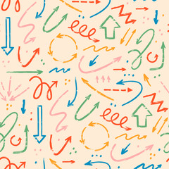 Various Doodle Arrows. Direction pointers. Different shapes. Straight, curly, twisted, dotted and round. Brush stroke style. Grunge texture. Hand drawn Vector Seamless Pattern. Square wallpaper
