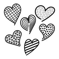 Black and white vector doodle set of hearts on a white background. Design element for postcard, wallpaper, wrapping paper, print, textile, packing.