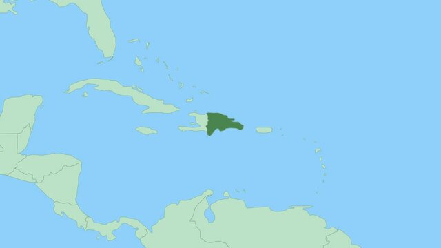 Map of Dominican Republic with pin of country capital. Dominican Republic Map with neighboring countries in green color.
