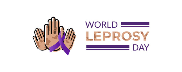 World Leprosy Day vector illustration with purple awareness ribbon and hands in MBE Style.
