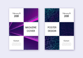 Business cover design template set. Neon abstract lines on dark blue background. Authentic cover design. Majestic catalog, poster, book template etc.