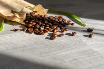 Close Up coffee beans. Isolated on a gray background.
