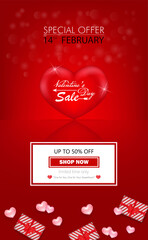 Happy Valentine's Day Sales. Special offer Valentine's Day Sale up to 50% off with romance red heart and giftbox of vector.