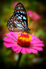 Blue tiger butterfly on a pink zinnia flower with dark green background