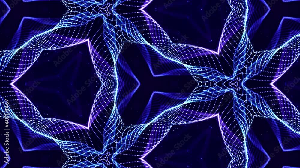 Poster complex symmetrical structures of glow particles like sci-fi bg. kaleidoscopic abstract theme. 4k lo