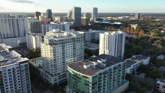 Orlando, Florida, USA - July 15, 2020 : Downtown Orlando; the historic core and central business district of Orlando, Florida. Shot during the COVID Pandemic in July, 2020.