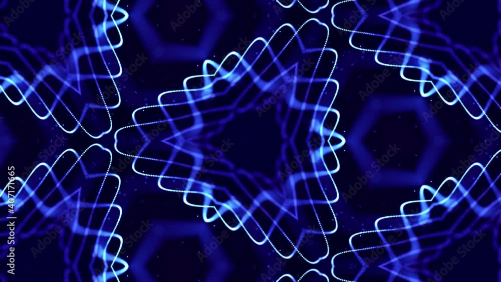 Poster complex symmetrical structures of glow particles like sci-fi bg. kaleidoscopic abstract theme. 4k lo