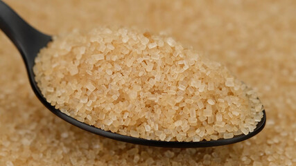 brown sugar in black spoon. Demerara golden brown sugar