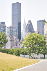 Manhattan East Side seen from Roosevelt Island, color toned picture, New York City, USA.