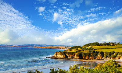 Douarnenez. Panoramique sur la plage du Ris et la baie. Finistère. Bretagne	