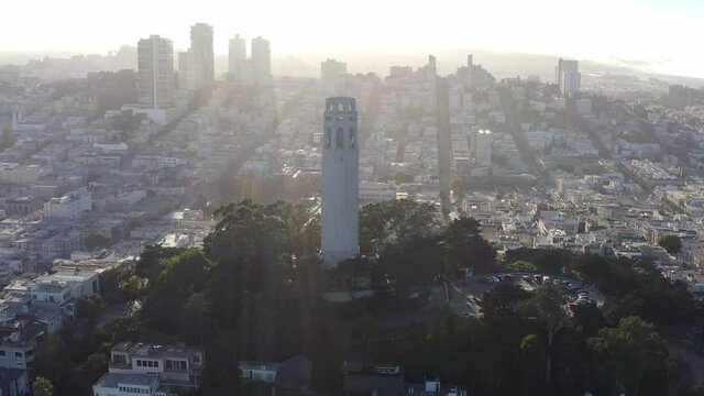 Aerial: View of San Francisco city and the Coit Tower drone view 01