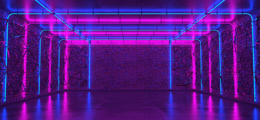 Background of an empty room with brick walls and neon light. Brick walls, concrete floor. neon rays and glow. 3d render