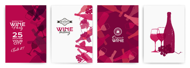background illustration for wine designs. Handmade drawing of wine glasses, bottles, grapes and vine leaf. - 407174209