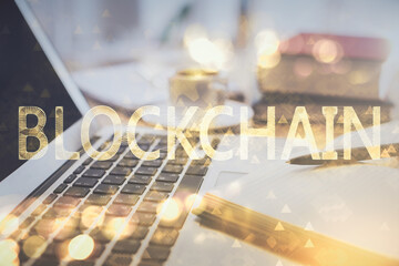 Double exposure of crypto technology drawing and desktop with coffee and items on table background. Concept of blockchain