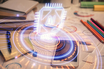 Double exposure of data theme drawing and mobile phone background. Concept of innovation