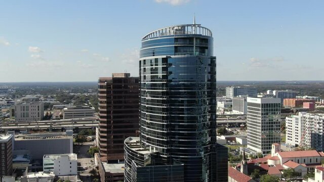 Orlando, Florida, USA - July 15, 2020 : Downtown Orlando; the historic core and central business district of Orlando, Florida. Shot during the COVID Pandemic in July, 2020.