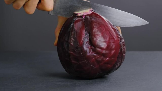 Cross section macro of fresh red cabbage dark board
